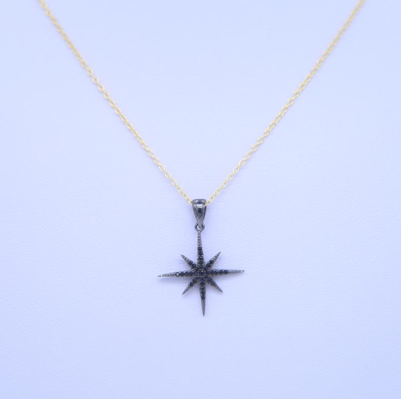

Chains High Quality 925 Sterling Silver Gold Black Color North Star Sun Burst Pendant NecklaceChains