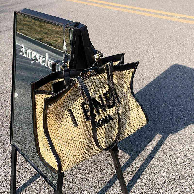 

Handbags Outlet High capacity women's 2022 summer new commuter shoulder bag popular versatile portable straw Tote Bag, Brown