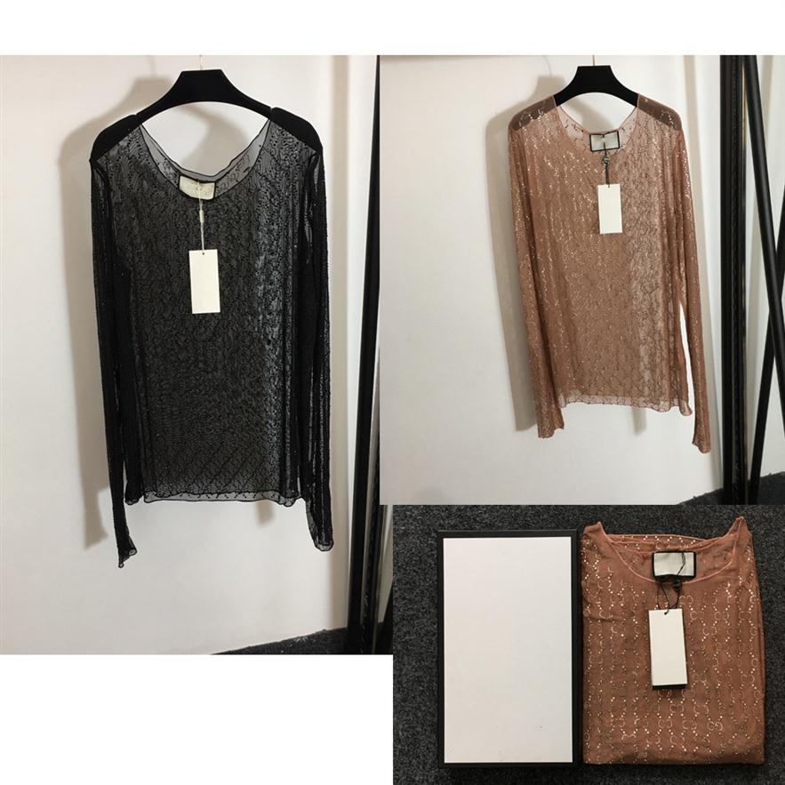 

2022 new Fashion designer Tops & Tees Women Full of diamond letters Mesh perspective long-sleeved T-shirt Underwear bottoming 249O, Black