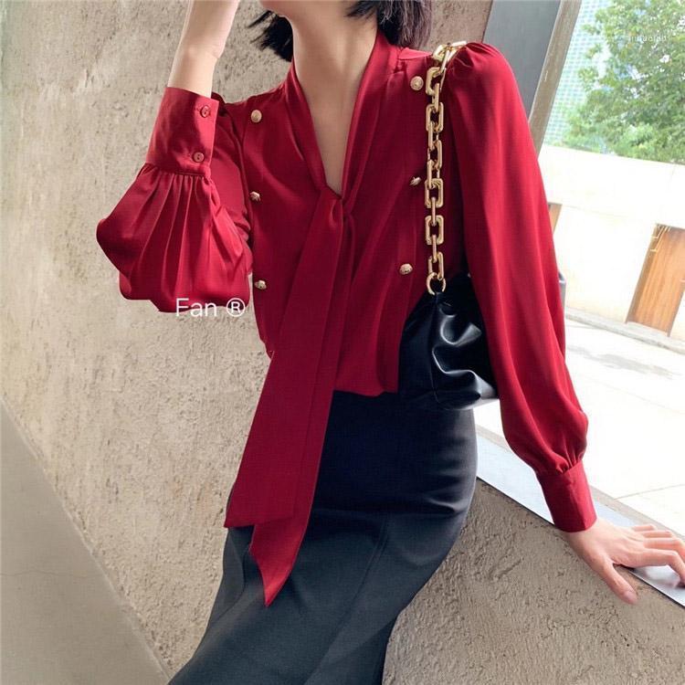 

Women' Blouses & Shirts Vintage Bow Collar Long Sleeve Shirt 2022 Korean Satin Blouse Elegant Office Tops Lady Tie Front Top, Beige