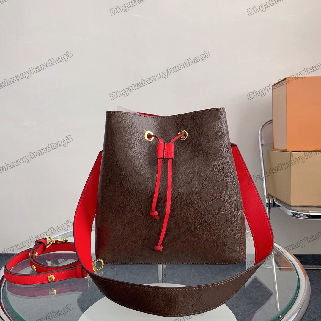 

Classic NEONOE Womens Designers Bucket Bag Black/Brown/Pink/Red leather trim Drawstring Luxurys Vintage 1932 With wide shoulder strap Neo Noe Shoulder Bags