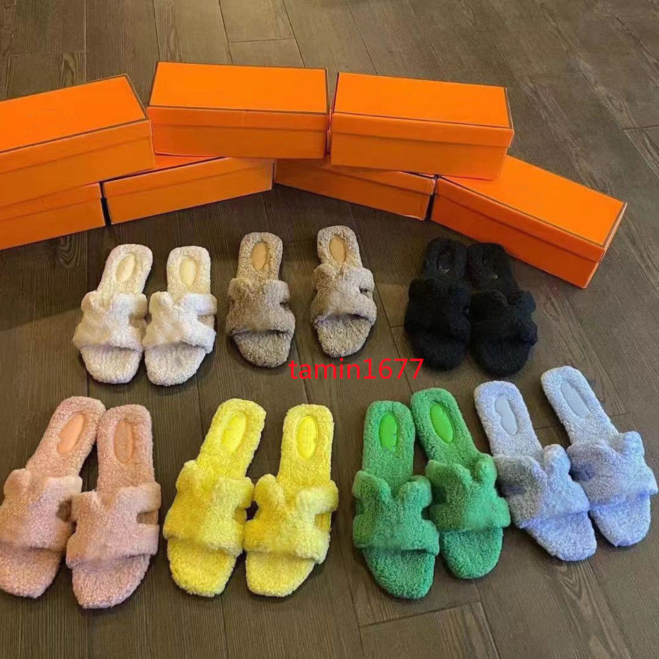 

High quality Womens Slippers Ladies wool Slides Winter fur Fluffy Furry Warm letters Sandals Comfortable Fuzzy Girl Flip Flop Slipper Size 35-40, Box