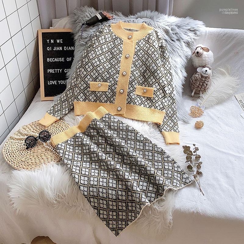 

Women' Tracksuits Fashion Women Knitted Skirts Set Casual Plaid Button Sweater Cardigan & Mini Short 2 Pcs Sets Lady Outfits1, Green