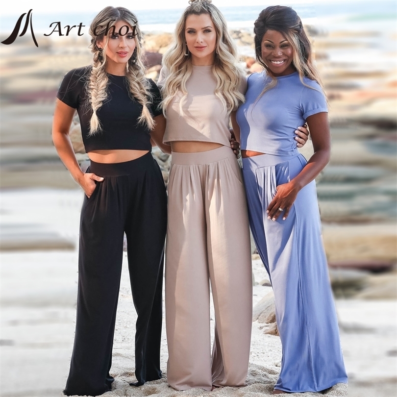 

T Shirt 2 Piece Set Summer Crop Tops Ladies Women Casual Tracksuit Sets Loose Wide Leg Pants Female Oversized Outfit Suit 220510, Blue