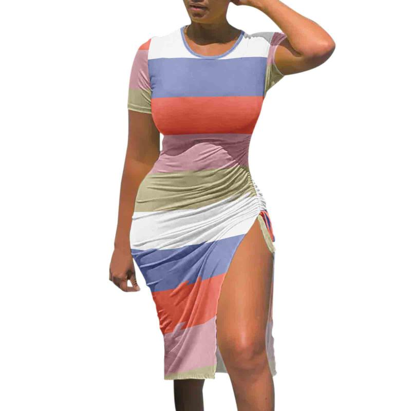 

Party Dresses Women Short Sleeve Drawstring Ruched Bodycon Dress Summer 2022 Stripe Patchwork Side Slit T-Shirt Female Sexy Clubwear, Blue
