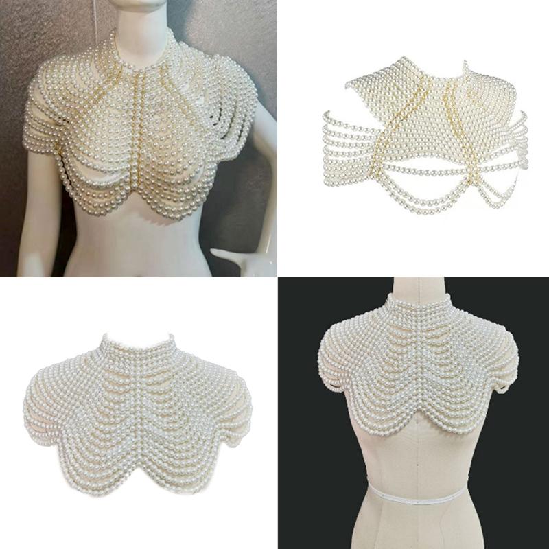 

Chains Women Imitation Pearl Beaded Bib Choker Necklace Body Chain Shawl Collar JewelryChains