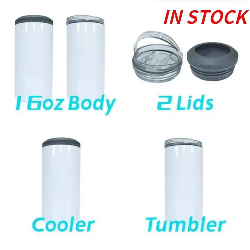 

16oz Sublimation Can Cooler Straight Tumbler 4 in 1 Stainless Steel Insulator Vacuum Insulated Bottle Cold Insulation fy5147, White