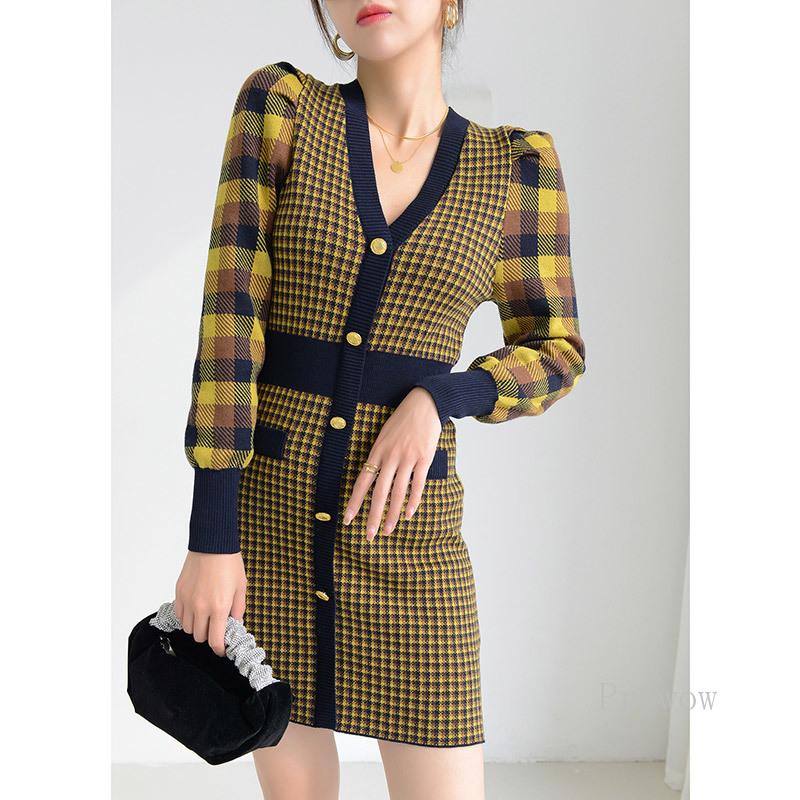 

Casual Dresses 2022 Spring Sweater Dress Women Vintage Plaid Knitting V Neck Single Breasted A Line Long Sleeve Vestido Feminino, Black;gray