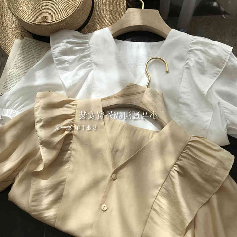 Women's Polos Xianxian elegant temperament French Ruffle shirt summer thin Tencel waist V-neck top JU69