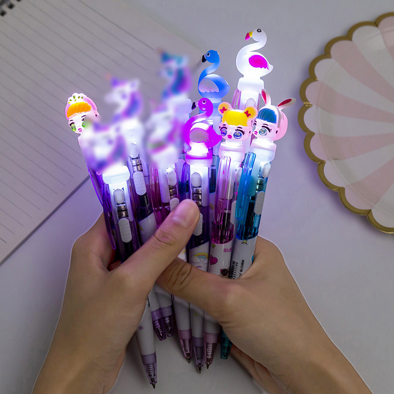 

0.5mm Push Type Cartoon Uni -corn Flamingo Girl Ballpoint Pen Cute Glowing Ball Point Pens for Kids LED Light Office School Writing Supply Promotion Gift ZL0816, As pic