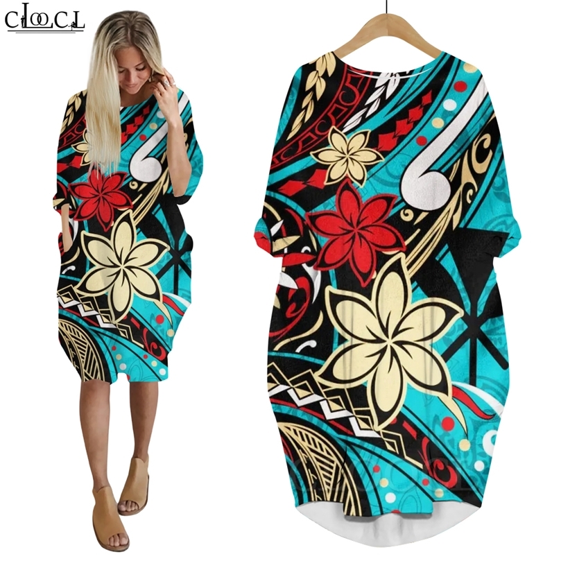 Femmes robe polynésienne fleur tortues modèle 3D lâche fille jupe à manches longues Streetwear poche femme robes décontractées W220616