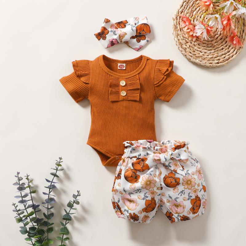 

Clothing Sets 0-24M Summer Lovely Baby Girls Clothes 3pcs Ruffles Sleeve Knit Romper Floral Printed Shorts HeadbandClothing ClothingClothing, As pic
