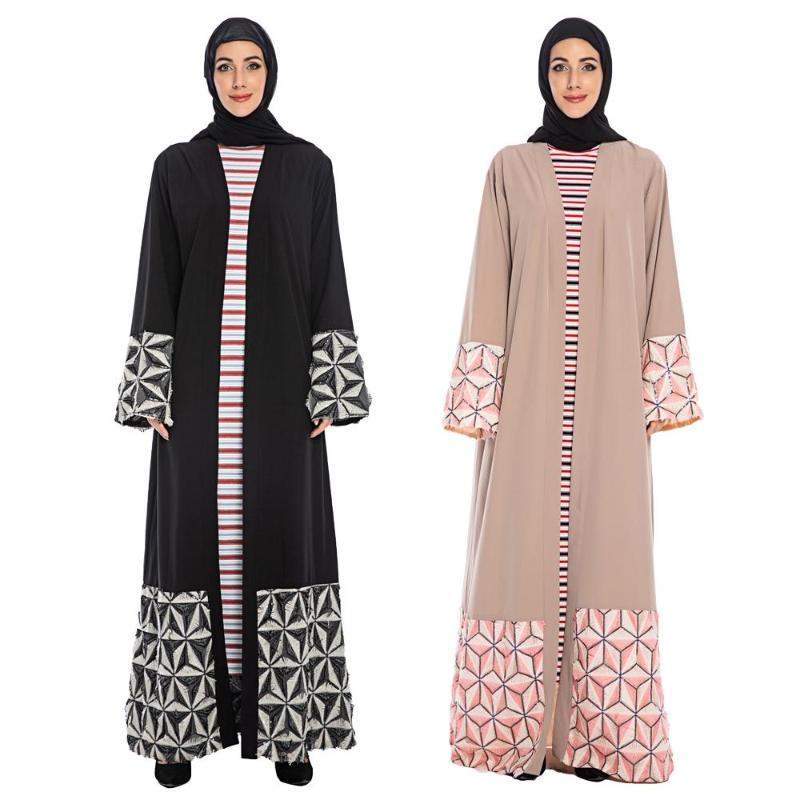 

Ethnic Clothing Kimono Muslim Women Open Cardigan Maxi Dress Abaya Dubai Long Kaftan Jilbab Robe V-neck Turkish Patchwork Gown Fashion