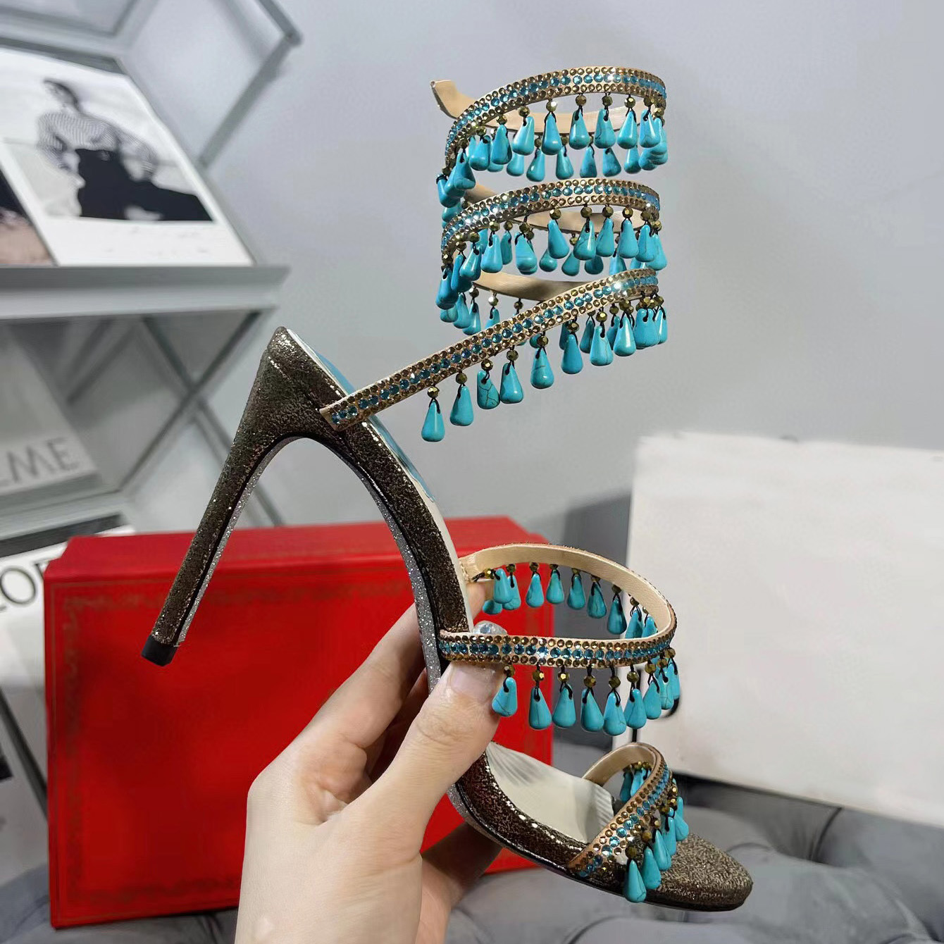 

Turquoise pendant Decoration Embellished stiletto Heels sandals 10mm rhinestone Metal gun color women high heeled Luxury Designers Wraparound Dress shoes 43 size, 4#
