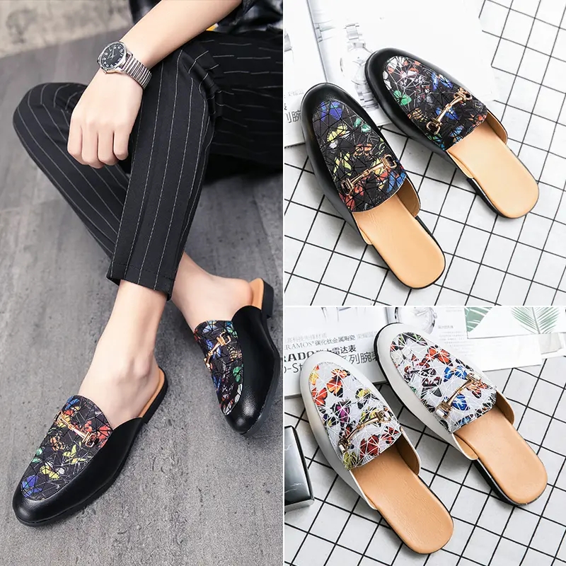 

Casual Half Slippers Men Shoes PU Classic Fashion Horsebit Daily Street Series Trend Printing British Retro Nightclub Hair Stylist Slippers HM394, Clear
