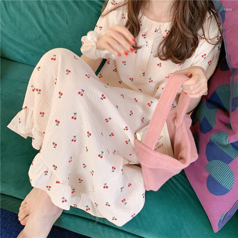 

Women's Sleepwear Cotton Night Dress Women Korean Cherry Print Nightwear White Long One-piece Gown Summer Nightgown For GirlWomen's