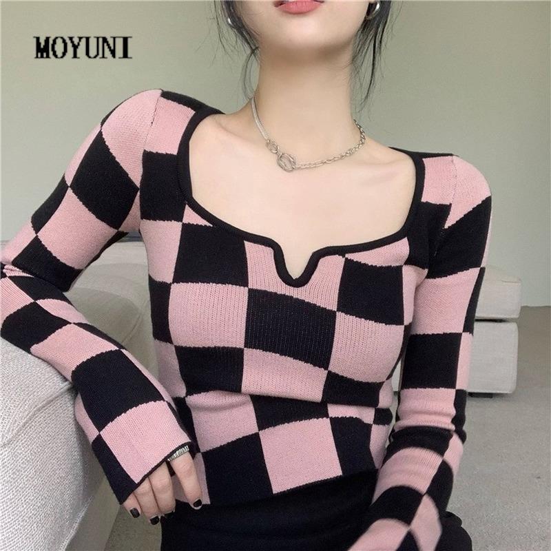 

Women's Sweaters Jumpers Pullovers Women's Checkerboard Sweater Slim Autumn Long Sleeve Square Knitted Bottom Wild Pull Femme Retro HitW, White