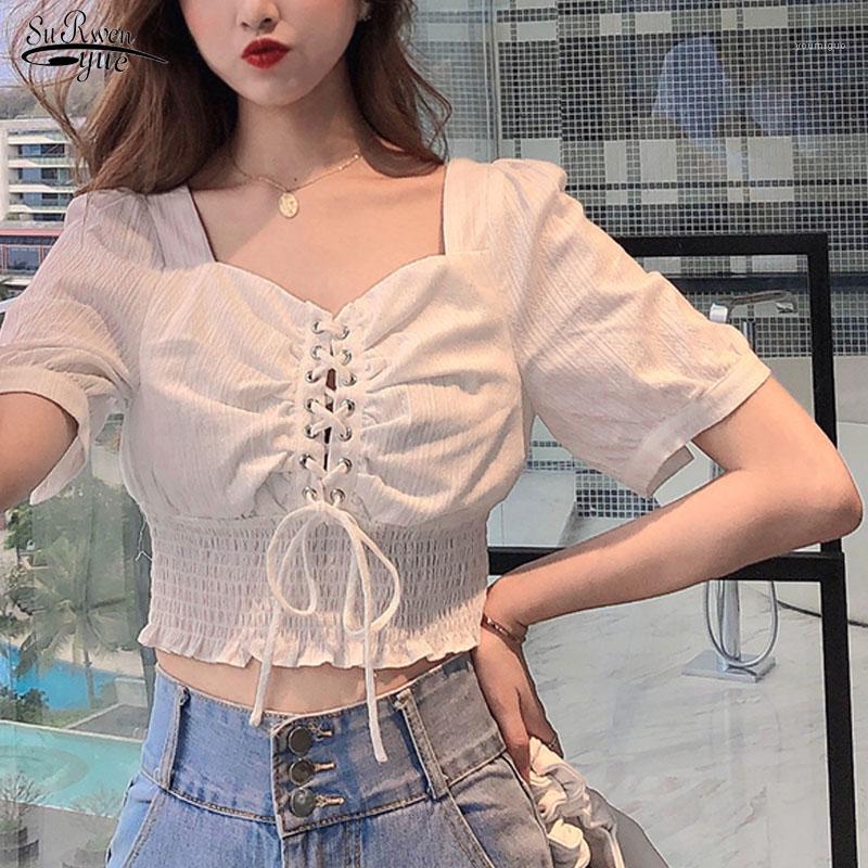 

Women' Blouses & Shirts Blusas 2022 Summer Short Sleeve Blouse Women Korean Casual Chiffon All-match Tops Lace-up Shirt Clothing 10032, White