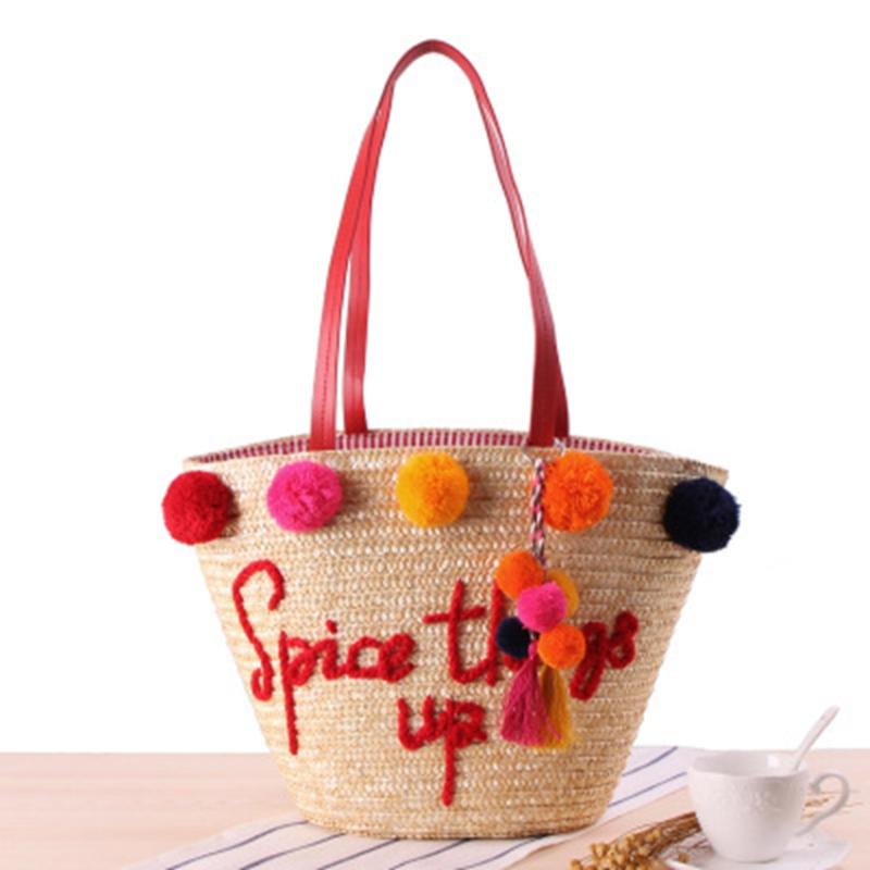

Evening Bags National Wind Hand-embroidered Alphabet Shoulong Straw Bag Colorful Yarn Ball Fashion Handbags Beach Weaving BagsEvening, Hong ba