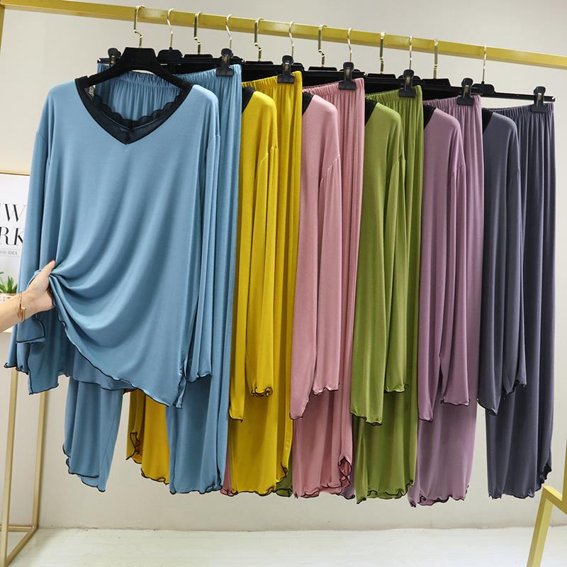 

100 Cotton Nightwear Women Pant Long Sleeve Lace Patchwork Blouse Loose Pants 2 Piece Set Home Suit Sleepwear Pajamas Loungewear, D1687 gray tshirt