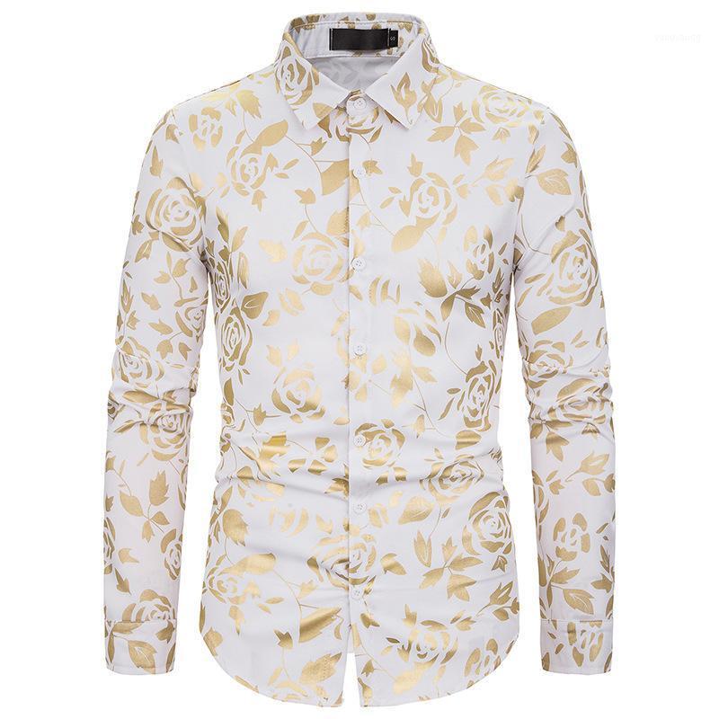 

Autumn Night Club Men' Lapel Rose Gilded Print Slim Long Sleeve Shirt Tide Floral Jacket Dress Shirts Men, Black