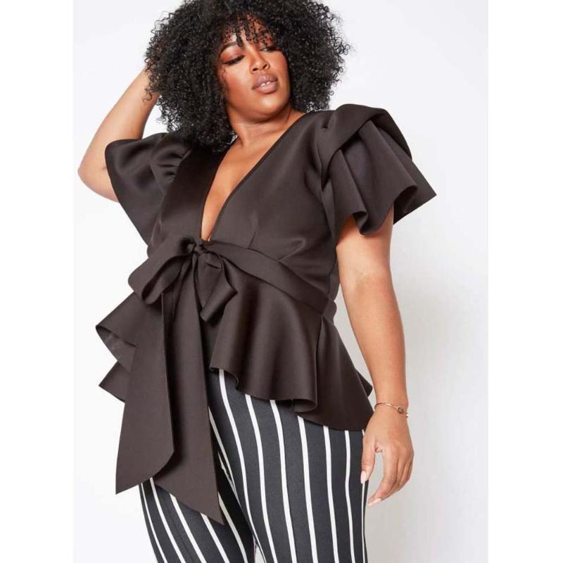 

Women's Blouses & Shirts Elegant Ruffle Women V-neck Black Pullover Tops For African Fashion Office Lady Casual Street Blousa SummerWomen's