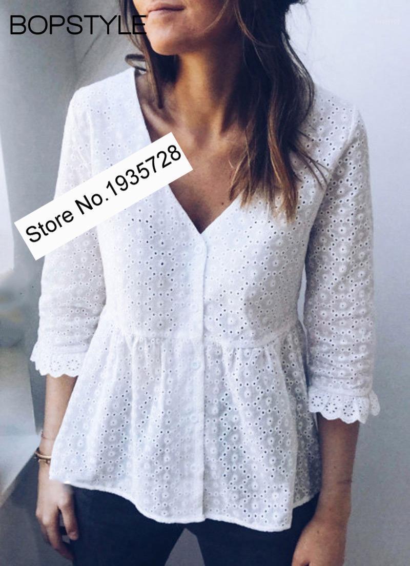 

Ladies Front & Back Wear Two Style Top - 2022 Cotton V-Neck Lace Embroidered Hollow Out Blouse With Short Sleeves Women' Blouses Shirts, White