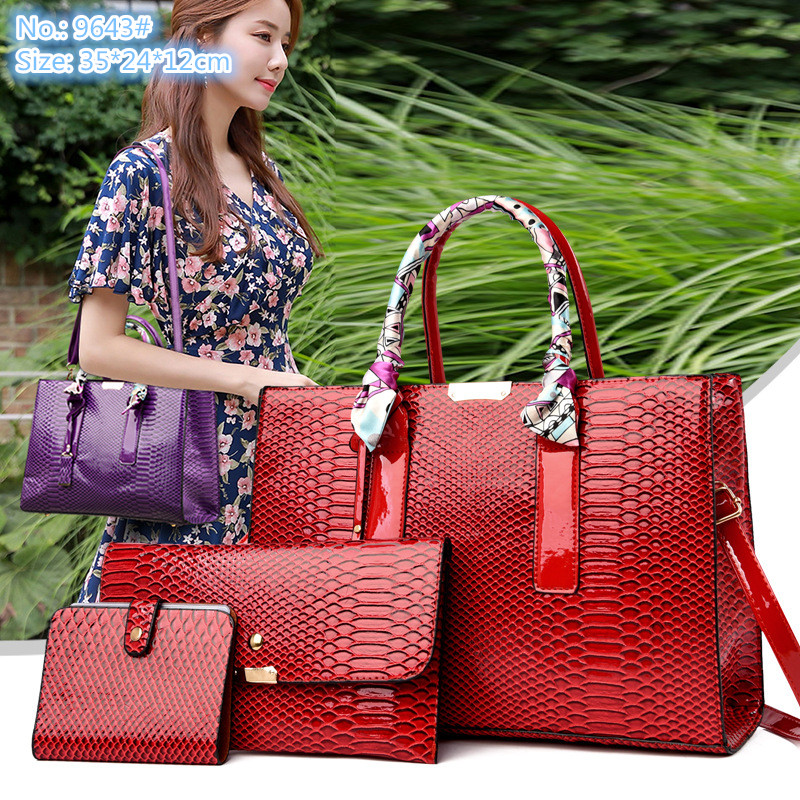 

Wholesale factory ladies shoulder bags elegant retro crocodile handbag large capacity three-piece embossed tote bag Joker solid color leather backpack, Brown1-5211#