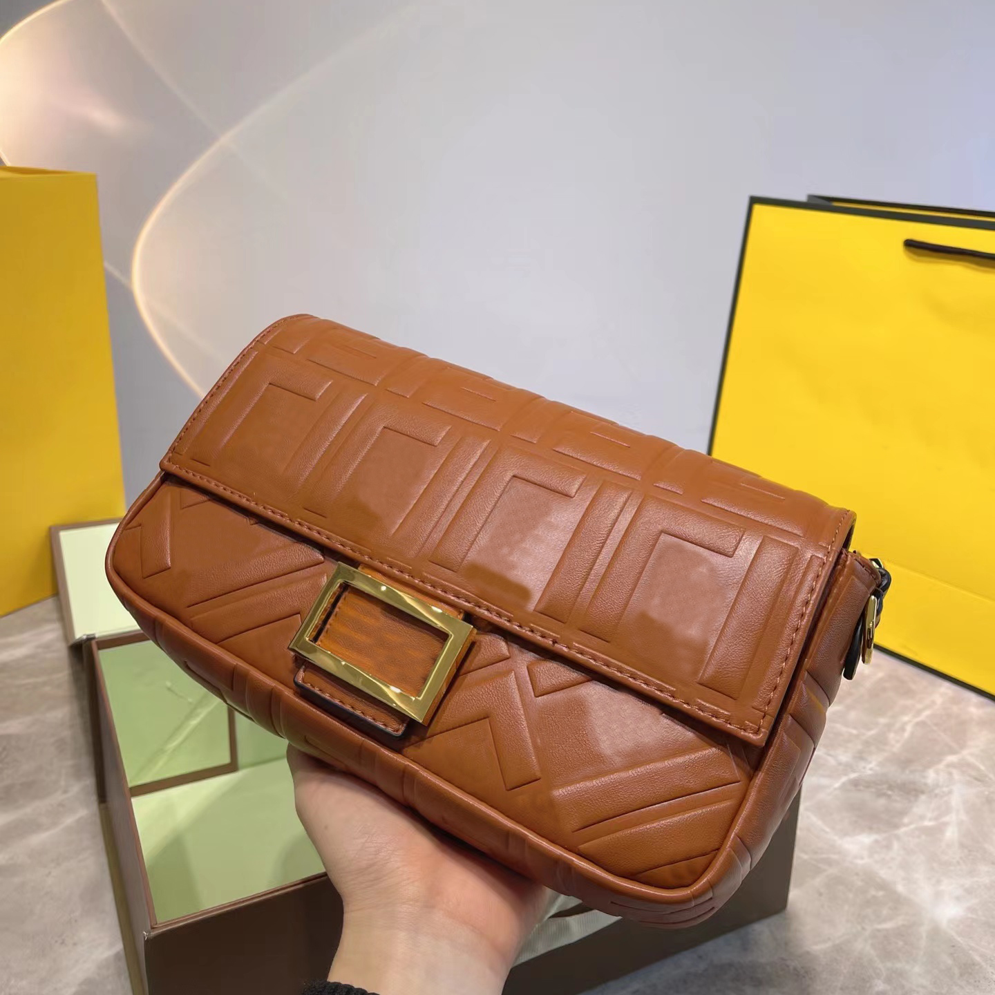 

Classic Shoulder bag Fashion Women's baguette bag Cross body Chain Handbag leather soft perfect hardware flip design with removable broadband for party business, Brown