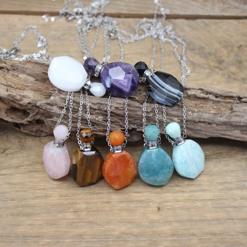 

Pendant Necklaces Faceted Rose Quartzs Essential Oil Vial Necklace Tiger Eye Amethysts Agates Amazonite Jades Perfume Bottle Charms QC1058Pe