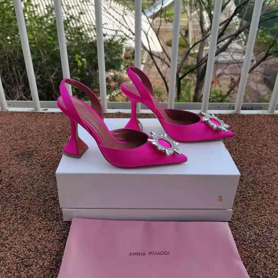 

AMINA MUADDI Fashion Season Amina Muaddi Shoes Pink Begum 95 Satin Slingback Pumps Crystal Sunflower High Heels Real Pos rxv192x