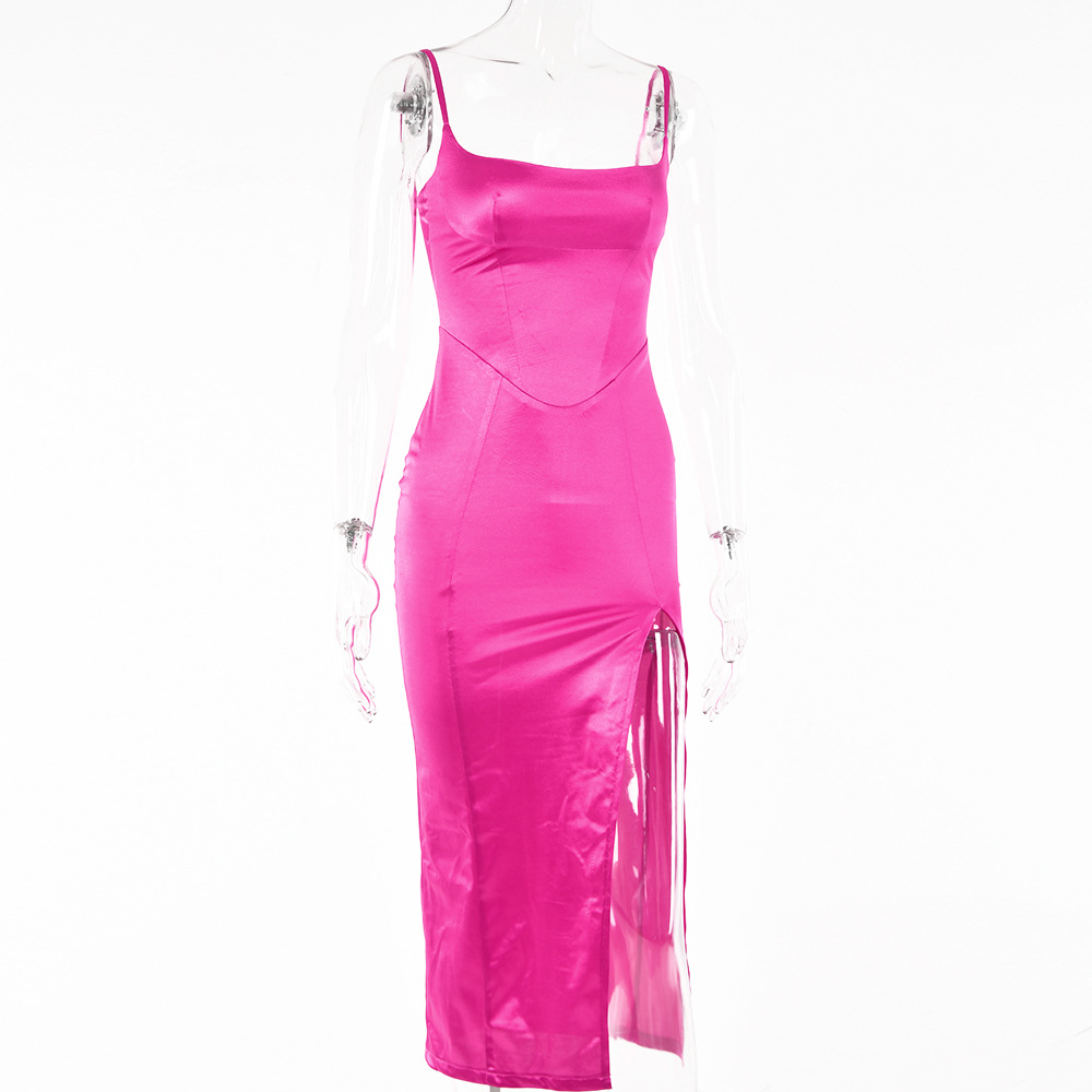 

European and American autumn and winter new dress female sexy hot girl waist open back suspender slit temperament catwalk skirt, Rose red