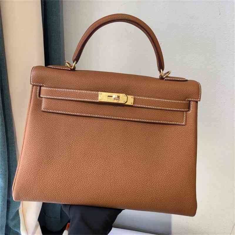 

Herme Designer Luxurys Women Handbags Setting Leather High Togo Top Layer Cowhide Kelys 32 Small Litchi Pattern Gold Buckle Women's, Khaki (gold button)