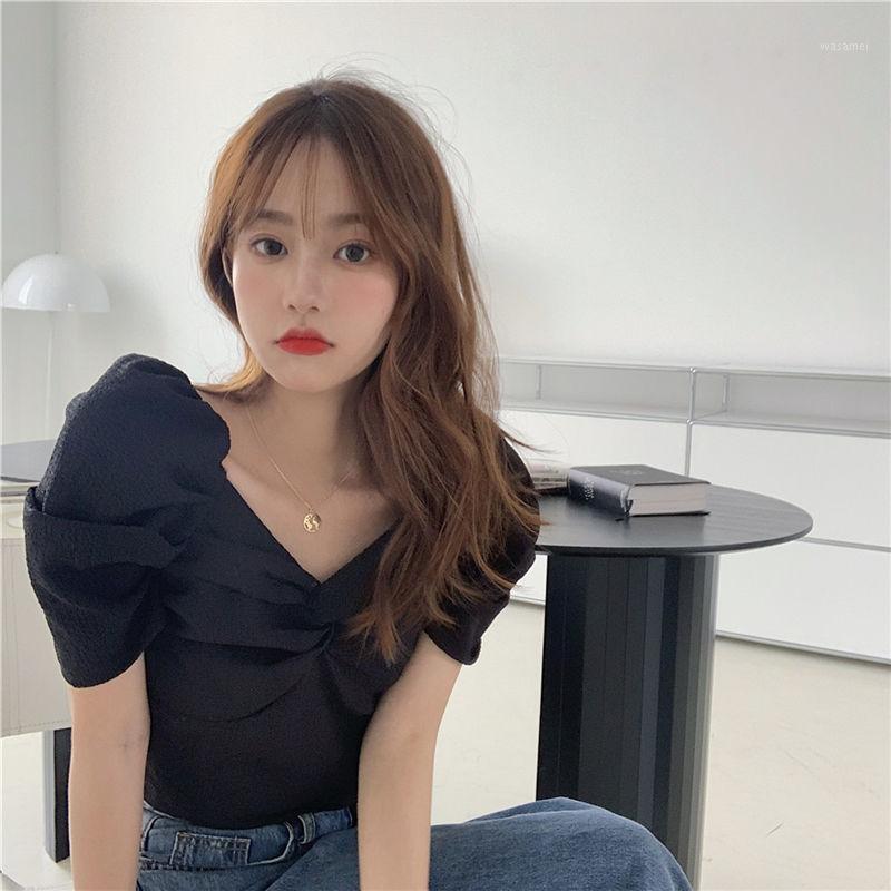 

Herstory Women 2022 Vintage V-neck Bow Design Elegant Shirt Korean Ladies Sexy Short Tops Summer Purple Puff Sleeve Crop Men's Casual Shirts, Black