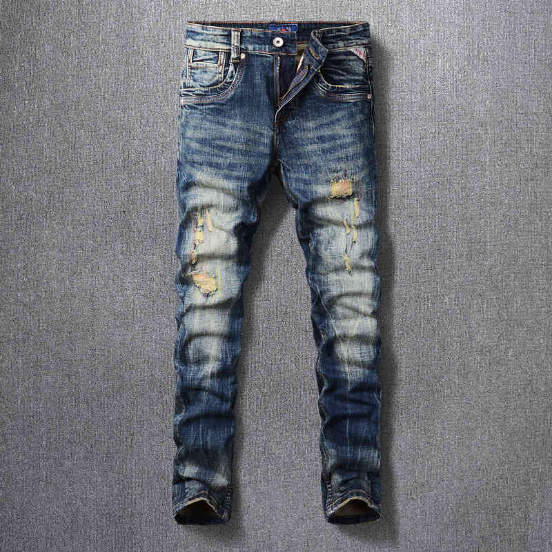 

Street fashion hole jeans worn blue and black embroidery micro elastic slim fit denim pants men's, Old blue black