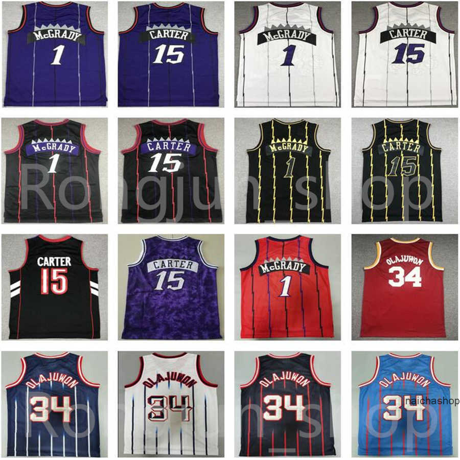 

Top Quality Retro Stitched Basketball Vince Carter 15 Tracy McGrady 1 Hakeem Olajuwon 34 Jerseys Men Black Purple White Red''nba''Jersey