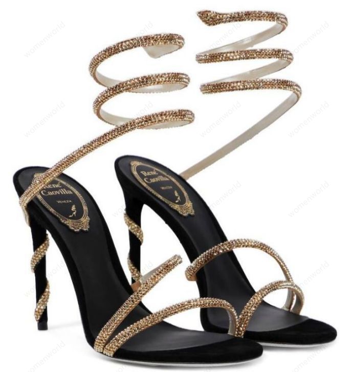 

RENE CAOVILLA Cleo open toe sandals crystal embellished spiral wrap around sandals twining rhinestone sandal women Top quality rainbow stiletto heels shoes, Only a boxes