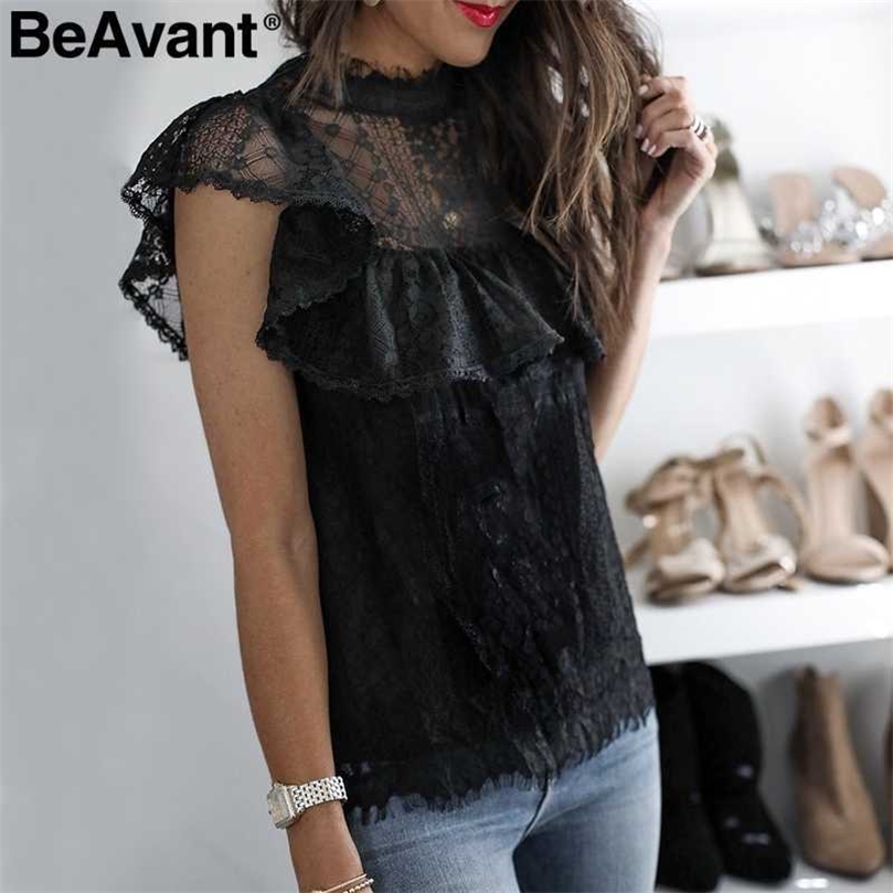 

BeAvant Vintage ruffle lace women blouses and tops Embroidery white blouse shirt top female O neck summer elegant blusas black 210709