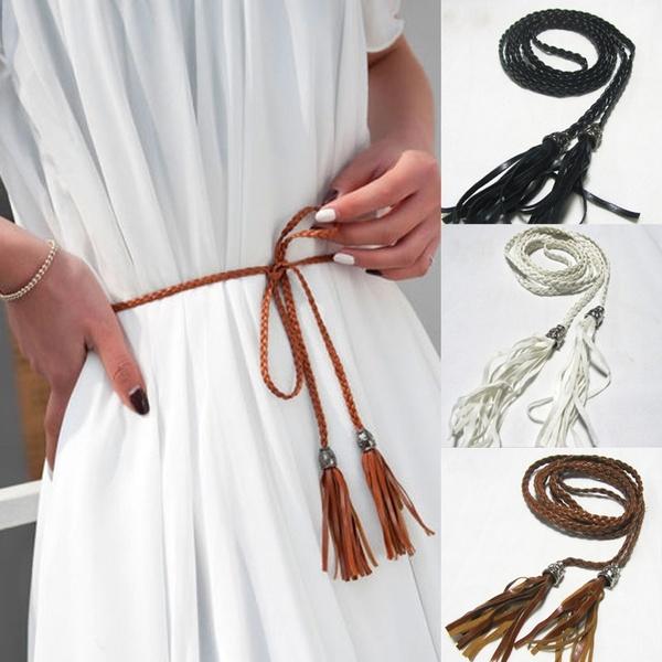 

Belts Women Simple PU Leather Belt Boho Tassel Braided Self-Tie Thin Waist Rope, White