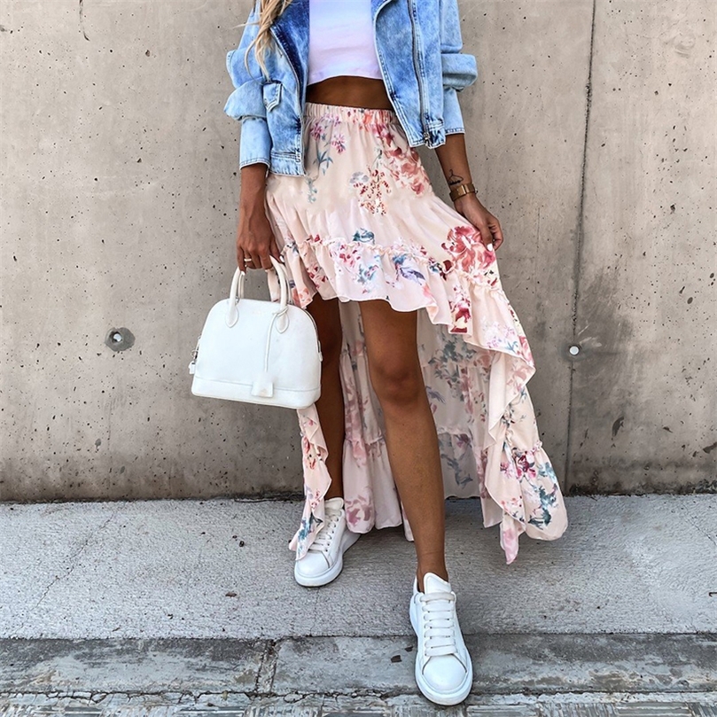 Bohemian Beach Style Long Womens Skirt Summer Floral Print High Waist Ladies Elegant Asymmetrical Ruffles Female Skitrs 220611