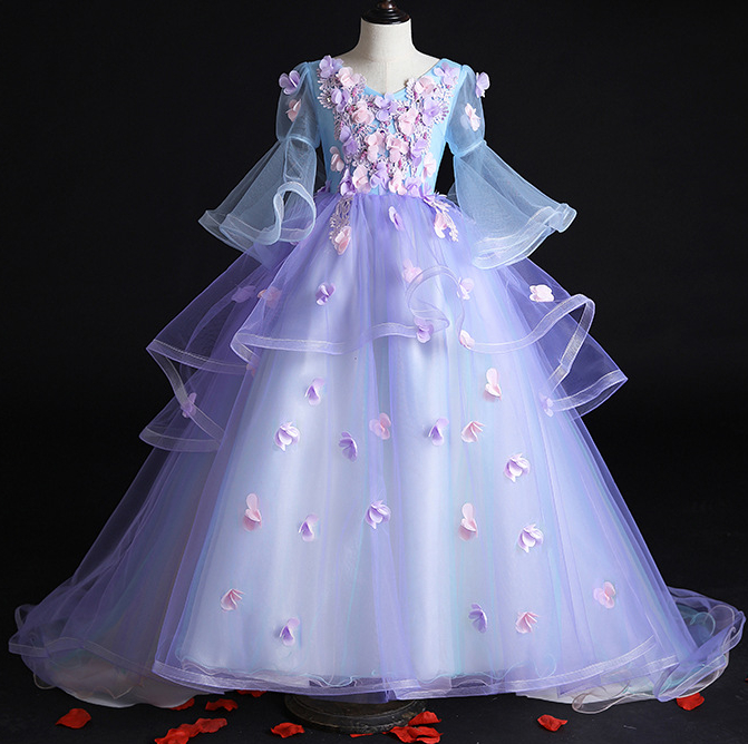 2-14 Years Lace Tulle Flower Girl Dress Bows Children's First holy Communion Dress Princess lace floral Ball Gown Wedding Party Dress-image-758291544