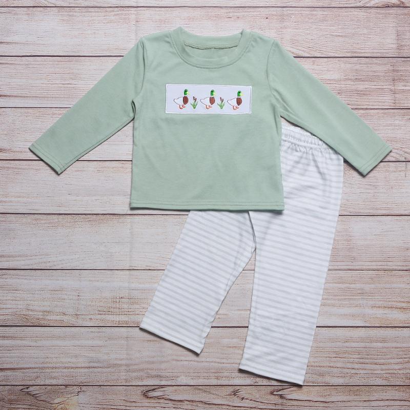 

Clothing Sets Autumn Clothes Gray Green Long Sleeve Top And Grey Striped Trousers Three Wild Ducks Embroidery Pattern Boys, 2bk2109-529