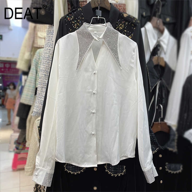 

DEAT Spring Women Arrival Fashion Temperament Lapel Long Sleeve Single Breasted Diamond Decoration Casual Shirt RD795 210709, White
