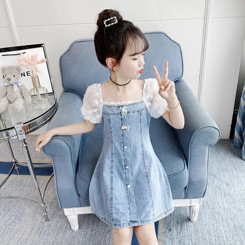 

Girl's Dresses Summer Girls Soft Denim Dress Toddler Clothes Kids Patchwork Lace For Jean Slim Princess Girl Clothing 3-12YGirl's, Blue