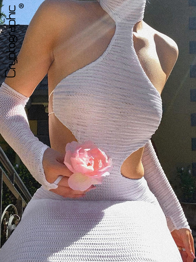 

Elegant Knitted Halter Midi Dress for Women Elegant Fashion Sexy Gloves Sleeve Club Party Dresses Holiday Clothes, Black