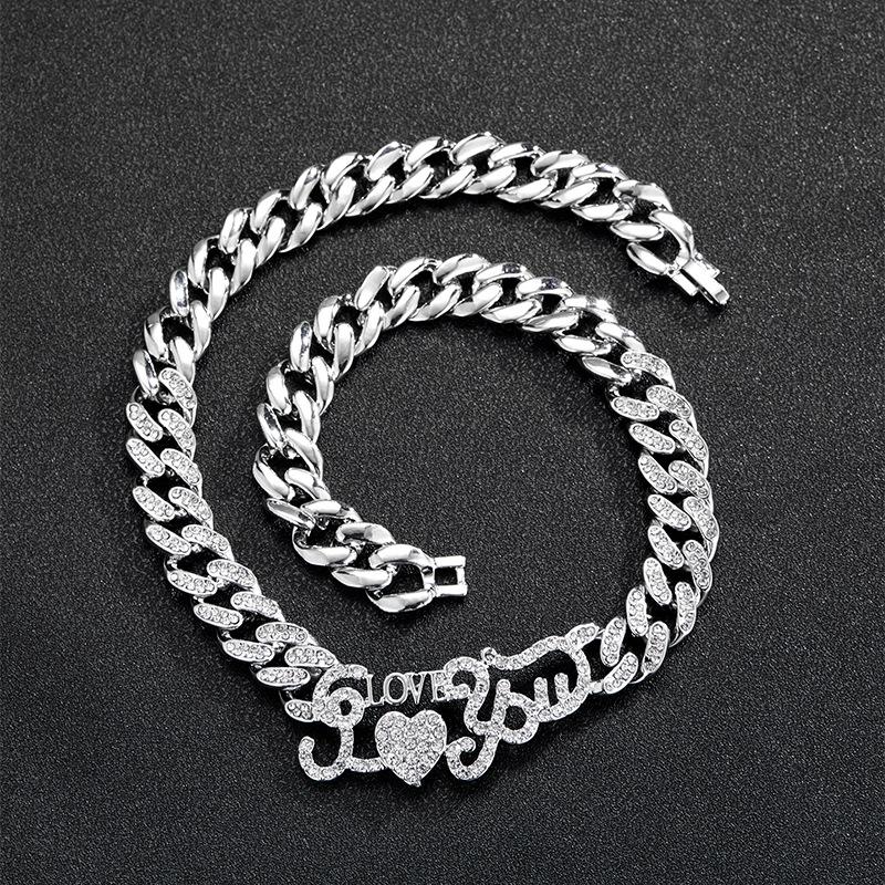

Chains Exquisite Shiny Heavy Industry Design Full Of Diamond Love Cuban Chain Female Hip-Hop Lovers Jewelry Clavicle WholesaleChains