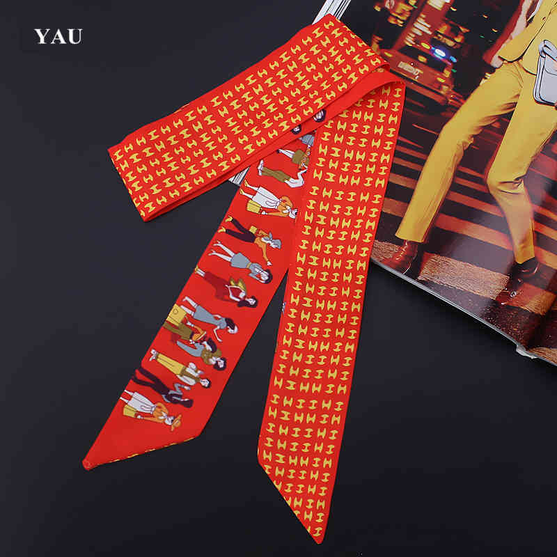 

H Brand 95cm*5cm People Human Printed Strap Small Women Silk Scarf Headband Long Scarves Bag Accessories Ribbon