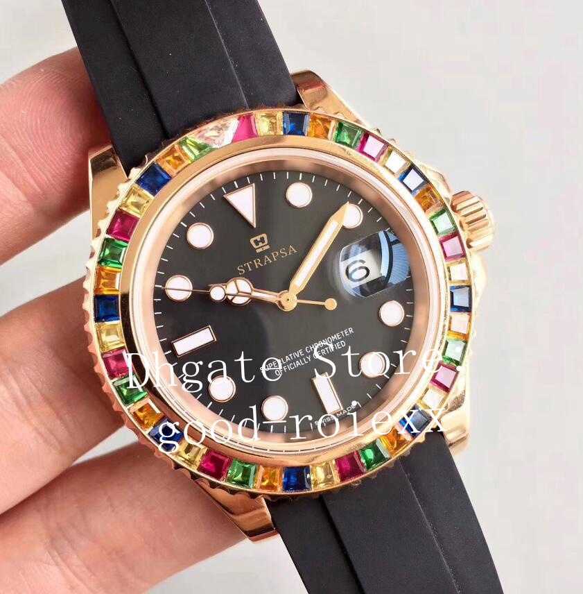 

Luxury Automatic Eta 2836 Watches Mens Gem-Set Multi Color Rainbow Diamond Bezel 116695Sats Rose Gold Men Rubber 116695 NoobF Factory Watch, Box