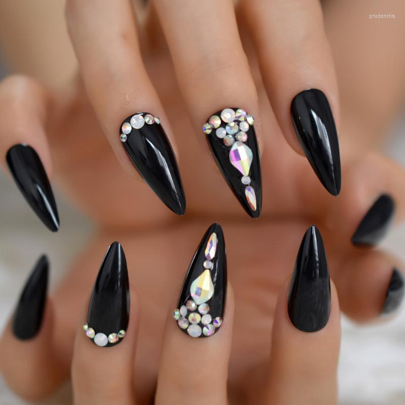 

False Nails Beautiful Stiletto Tips Black Full-Covered Nail Gloosy Surface With Crystal For Party Adhesive Tabs Prud22, L5052