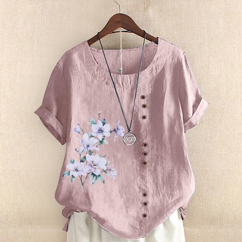 

Women's Blouses & Shirts Purple Shorts Women's Round Neck Button Cotton Linen Print Elegant Short Atmosphere Top Tops For Women FallWome, Green